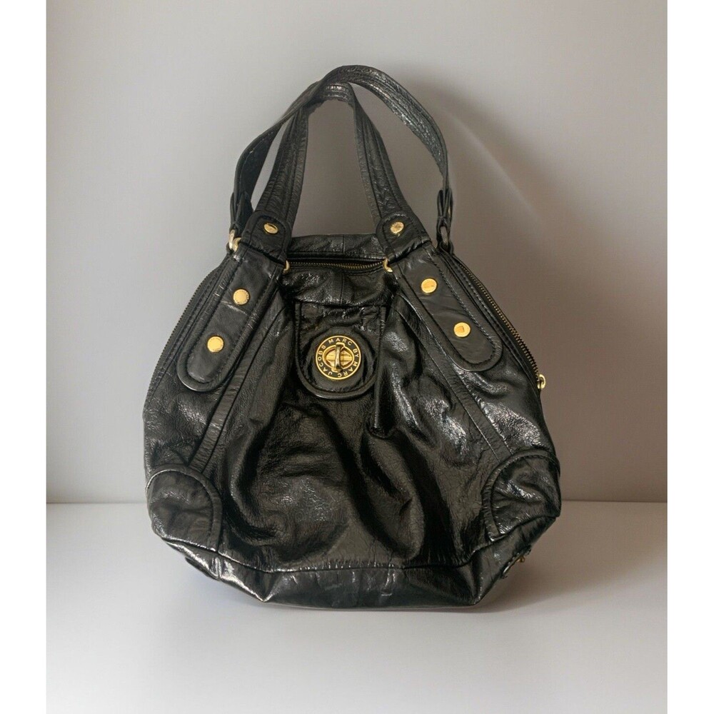 Marc Jacobs Vtg Black Patent Leather Shoulder Bag Purse Oversized Grunge Y2K